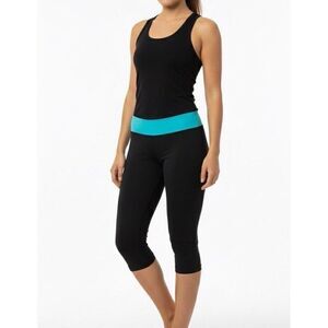 Lululemon Groove Crop Pants 8 Black Aqua Trim High Rise Yoga Leggings Capris